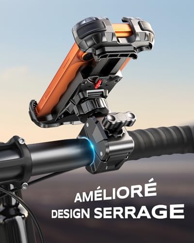 Support Telephone Velo, [1s Verrouillage Sécurisé] Support Telephone Moto 360° Rotation, Porte Telephone Velo pour Trotinette Electrique/Scooter/VTT, Embout de Guidon Moto, 4,7-6,8” Smartphone