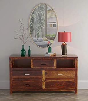 Shilpi Hand Carved Sheesham Wood Chest of Drawer in Natural Brown Finishing for Living Room