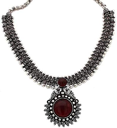 Anigalan - Stone Choker Oxidized German Silver Necklace with Jhumki for Women and Girls