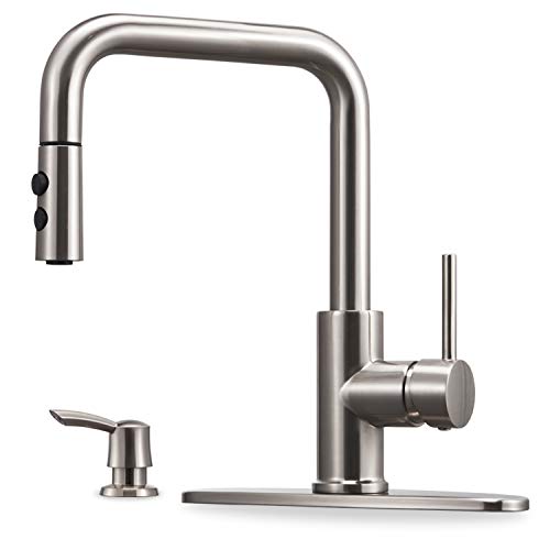 Kitchen Faucet with Pull Down Sprayer and Soap Dispenser Single Handle Stainless Steel Brushed Nickel High Arc Pull Out Kitchen Sink Faucets with Deck Plate