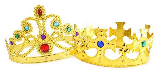 WellPackBox 4 Pack 2 Crowns And 2 Sceptors King Queen Party Costume Plastic Crown Gold, King Royal Kids Adults Birthday Party Hats Dress Up Costumes Props & Sticker - Thumbnail 6