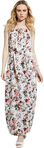 Vintacy Women Floral Loose Sleeveless Printed Drawstring Beach Long Cami Maxi Dress