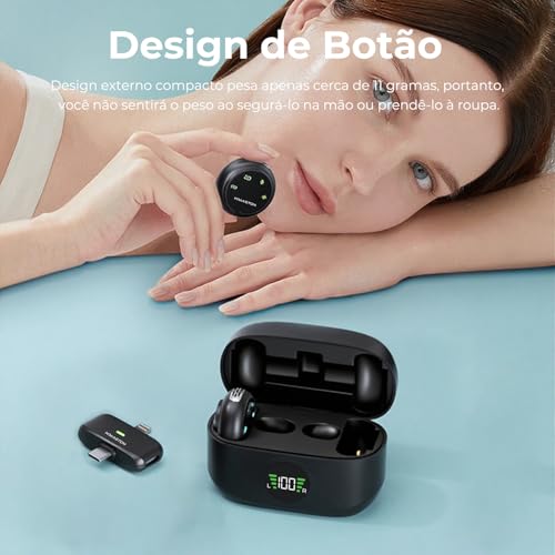 Microfone Lapela Microfone de Lapela Sem Fio Receptor 2 em 1 para Cancelamento Duplo de Ruído Compatível com iPhone Lightning Tipo-C