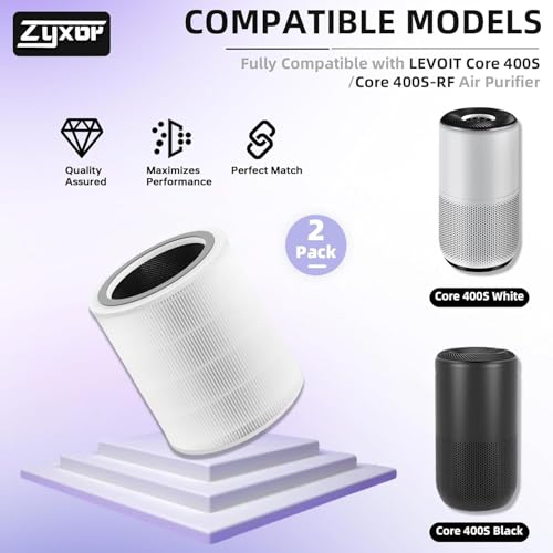 Bedavol 2 Pack Core 400S Replacement Filter Compatible with LEVOIT Core 400S & Core 400S-P and Core 400S-RF Air Purifier, 3-in-1 True HEPA Activated Carbon Pre-Filter, White