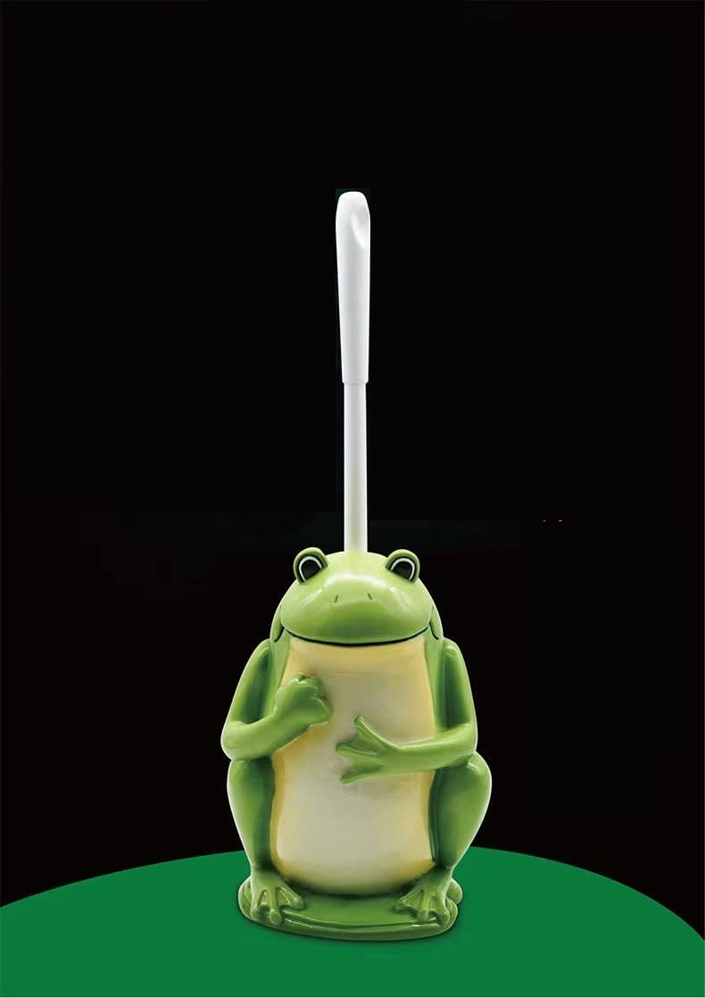 JIUJ Compact Toilet Brush Bathroom Novelty Toilet Brush Holder Cartoon Frog Resin Toilet Scrubber Set, Green