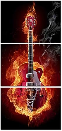 Fire Guitar Abstract Canvas Prints Art Home Decor for Living Room Wall Art Modern Music Black and White Red Pictures 3 Panel Large Posters HD Printed Painting Framed Ready to Hang