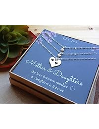 Juego de 3 collares con forma de corazón de plata de ley con diseño de madre de dos hijas de EFYTAL