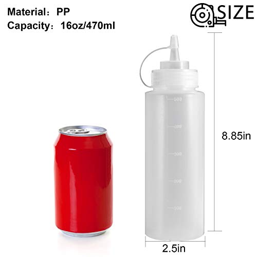 Condiment Squeeze Bottles, OAMCEG 12-Pack 16 oz Durable Plastic Squeeze Squirt Bottle with Discrete Measurements for Ketchup, BBQ, Sauces, Syrup, Condiments, Dressings, Arts and Crafts - BPA Free