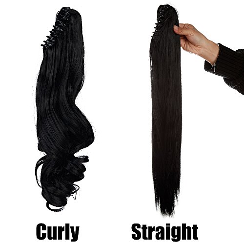 S-noilite Long Thick Claw Jaw Ponytail Big Wave Clip in Pony Tail Hair Extension Extensions (18 inches-curly, natural black)