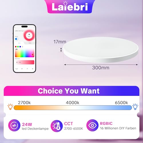 Laiebri Ceiling Light LED Ceiling Light, 24 W Diameter 30 cm, Smart RGBIC LED Kitchen Lamp with Remote Control, Works Compatible with App Control, Dimmable Lamp for Bedroom, Living Room