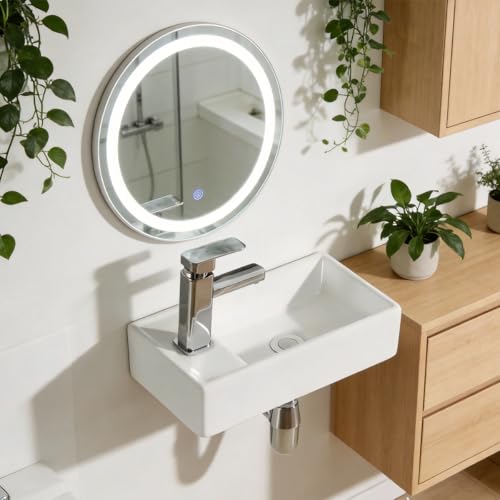 Lavabo de Baño Suspendido de Cerámica Blanca, Medidas 41.5×29×10cm, Diseño Moderno, Ahorra Espacio, Fácil de Instalar para Baño Doméstico