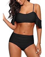 Lookbook Store Womens Black Cold Shoulder Flounce Sleeves Ruched Bikini Set Swimsuit Size Large (Fits US 12 - US 14)