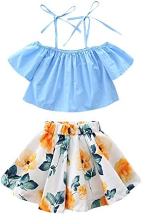 Jchen Girls Floral Skirt Set, (TM) Toddler Baby Kid Girl Strap Off Shoulder Tops Floral Skirt Outfits for 0-5 T (Age: 3-4 Years Old)