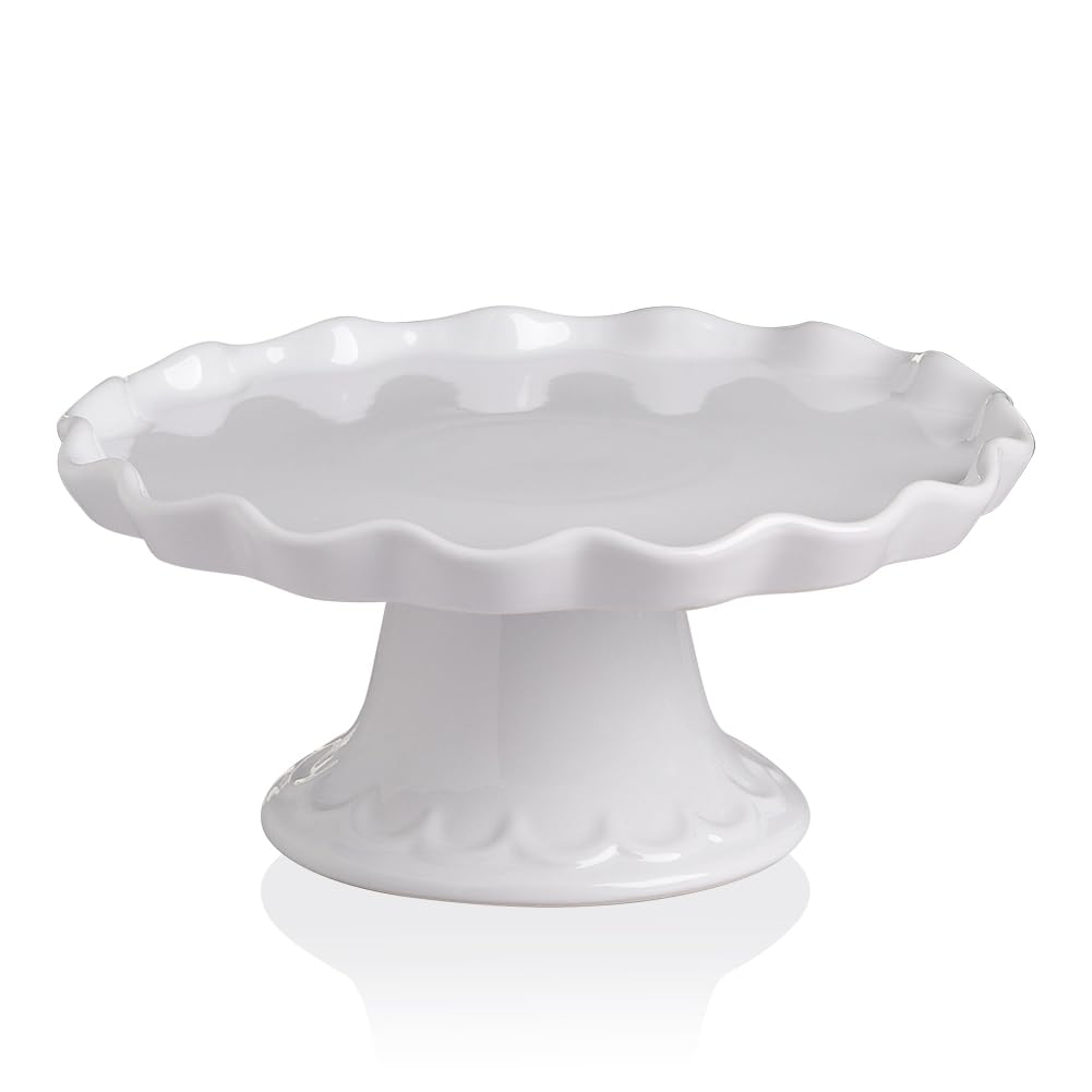 Sweejar Porcelain Cake Stand, Dessert Table Display Plate for 8-Inch Cake, Round Cupcake Stand with Soft Wave Edge for Snacks, Cookies, Birthday Parties, Weddings, Baby Shower and Other Events (White)