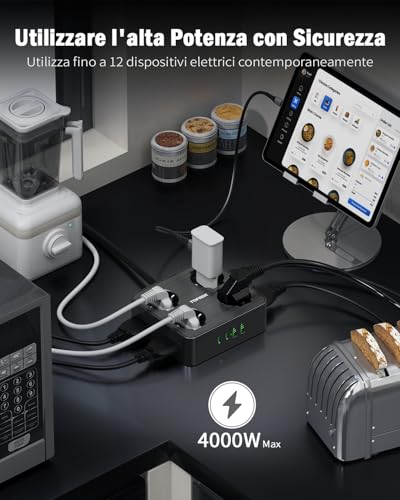 TOPREK Electrical Power Strip with 8 Universal Sockets ITA 10/16A and Schuko, 2 Metres Electrical Extension Cable and 2 USB C (20W PD3.0 Quick Charge) and 2 USB A with Switch, 16A Elbow Plug 90°, 4000W