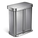 simplehuman 58 Liter / 15.3 Gallon Stainless Steel Dual Compartment Rectangular Kitchen Step Trash Can Recycler with Liner Pocket, Brushed Stainless Steel.