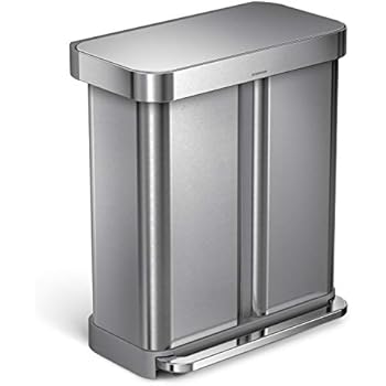 simplehuman 58 Liter / 15.3 Gallon Stainless Steel Dual Compartment Rectangular Kitchen Step Trash Can Recycler with Liner Pocket, Brushed Stainless Steel.