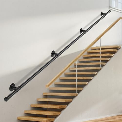 Couleeur Indoor and Outdoor Stair Railings, Wall Mount Stairs Railing for Elderly Disabled Stairs Steps Handrail Galvanized Industrial Non-Slip Handrail (2.5 M)