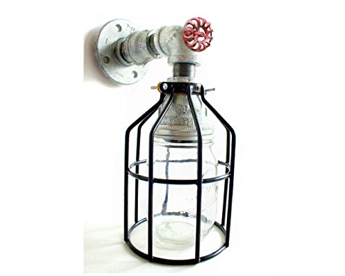 Industrial Wall Sconce Galvanized Pipe Lighting w/ Mason Jar for Kitchen, Bathroom or Outdoor Lighting Sconces Steampunk - Black Cage Modern Industrial Lighting Fixture, Farmhouse Light - Thumbnail 5
