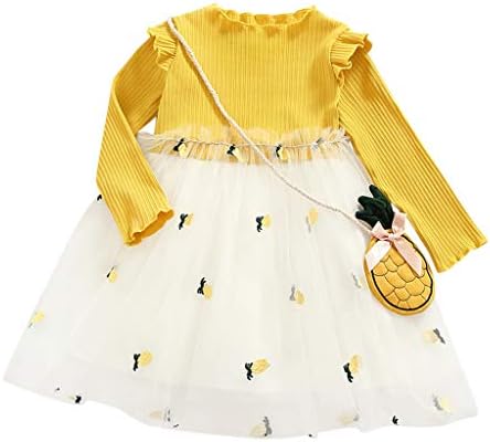 キッズ服 ワンピース バッグ 2点セット 女の子 長袖 パイナップル柄 店内全品対象 ミニドレス 可愛い チュール プリンセススカート 斜めがけバッグ 子ども 衣装 イベント パーティードレス 秋冬 通園 通学 フォーマル お姫様 普段着 子供服 女児 人気