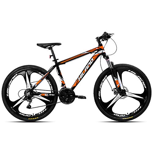 Hiland 26 Inch Mountain Bike Aluminum MTB Bicycle with 17 Inch Frame Kickstand Disc-Brake Suspension Fork Cycling Urban Commuter City Bicycle 3-Spokes Black Orange