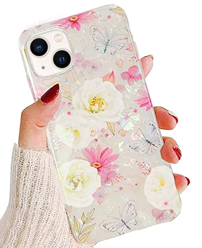 J.west Compatible with iPhone 14 Case 6.1 inch,Luxury Sparkle Glitter Soft Clear Colorful Opal Pearly Thinfoil Design Shiny Floral Print Silicone Cover for Women Girls Slim TPU Protective Phone Case