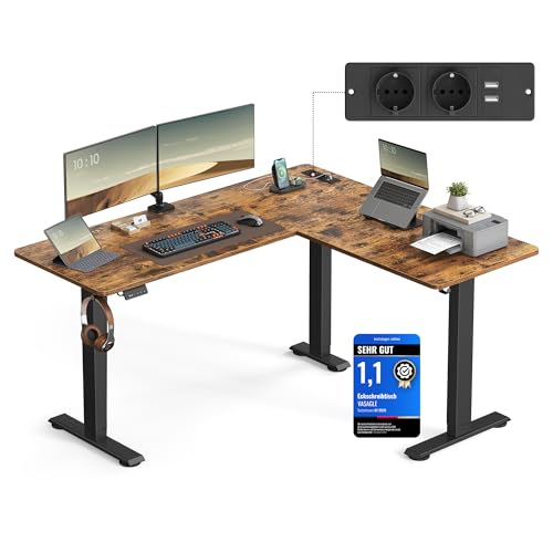 VASAGLE Höhenverstellbarer Schreibtisch elektrisch, L-förmiger Eckschreibtisch, 140 x 160 cm, mit Ladestation, Memory-Funktion mit 2 Höhen, für Homeoffice, vintagebraun-tintenschwarz LSD264K01