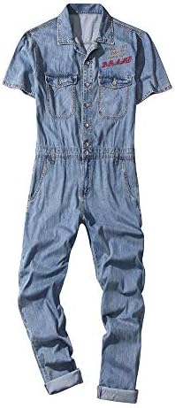 Sokotoo Men's Short Sleeves Letters Embroidery Loose Thin Denim Jumpsuits