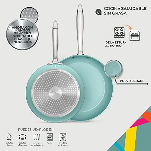 JADECOOK Juego de 2 Sartenes Nueva Generación con Kit Cuchillos Profesionales Sartén 20 cm y Sartén 24 cm con Nueva Tecnología Antiadherente Kit 5 Cuchillos Profesionales