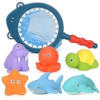 SPADORIVE Bathtub Toys, Floating Marine Animals Water Toys Sea Animals Pool Squeaky Shower Toys with Shark Fishing Net for Baby Kids Boys Girls. Marine Animals 12 Months (7 Pieces)