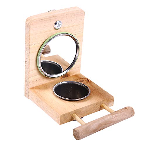QBLEEV Parrots Mirror Play Stand Playpen,Birds Wooden Toys Perch Playground,Birdcage Playgym with Feeder Cups Dishes for Macaws Lovebird Cockatoo Parakeet Conure Finch Cockatiels