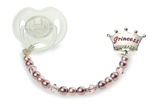 Swarovski Pink Simulated Pearls and Crystals Hand Crafted Enamel Crown Sterling Silver Girl Princess Pacifier Clip