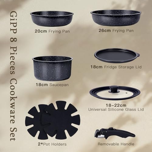GiPP Ceramic Coating Pots and Pans Set Non Stick, 8pcs Nonstick Detachable Handle Cookware Sets, Non Toxic Induction Kitchen Pot and Pan, Healthy RV Cookware, Dishwasher＆Oven Safe(Grey)