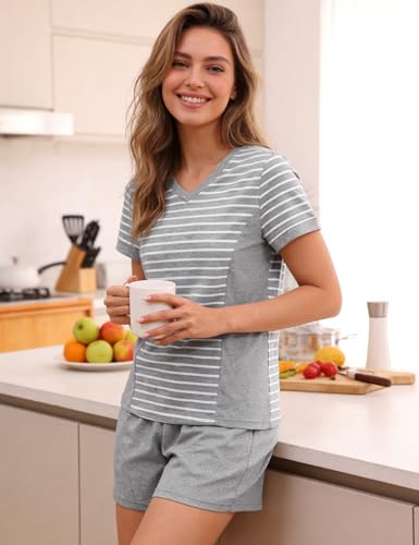 Crewhpo Women's Summer Short Sleeve Pyjamas Set Cotton Sleepwear with V Neck Striped T-Shirt and Shorts