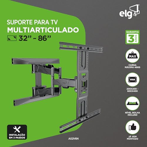 ELG, A02V6N, Suporte de TV Articulado de Parede Para TVs Planas e Curvas de 75" a 86", Inclinação Horizontal e Vertical, Peso Máximo de 46 Kg, Preto
