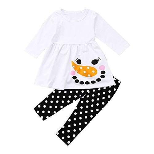 Christmas Clothing Sets Kids Toddler Baby Girls Long Sleeve Snowman Tops Dress+ Dot Pants Legging Outfit Clothes (White, 3-4T)