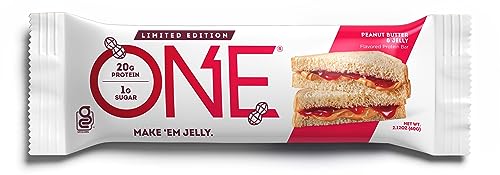 ONE PROTEIN BARS, PEANUT BUTTER & JELLY, GLUTEN FREE WITH 20G PROTEIN AND 1G SUGAR, PANTRY STAPLES, 2.12 OZ (12 COUNT)