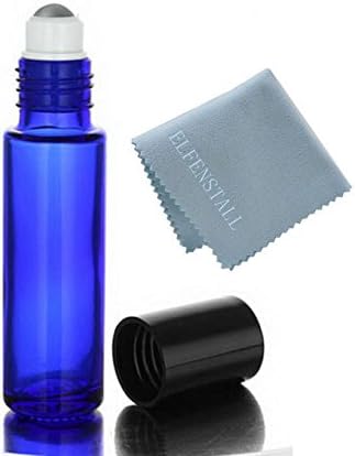 Simple-e- 6pcs 10ml (1/3oz) Cobalt Blue Roll on Glass Stainless Steel Roller Ball Essential Oils Bottle Perfume Heavy Thick Glass Bottles Glass Clean Cloth Black Cap