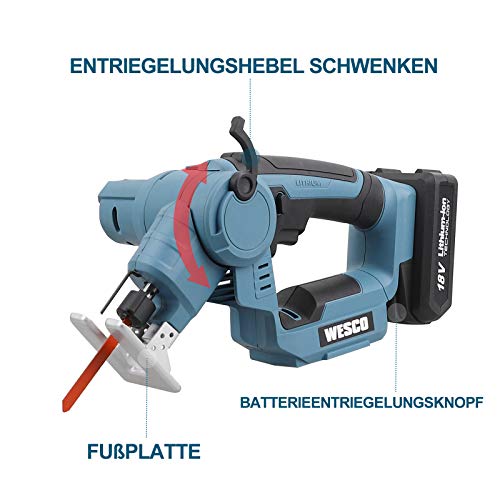 WESCO 18V 2.0Ah 2 in 1 Akku Säbelsäge und Akku Stichsäge, 2500 U/min,16mm Sägeblatthub, 10 Sägeblätter für Holz, Metall… – Bild 8