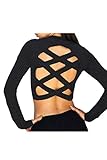 Cutiefox Women Sexy Criss Cross Back Long Sleeve Crew Neck Tee Shirt Tops,Black,US 2