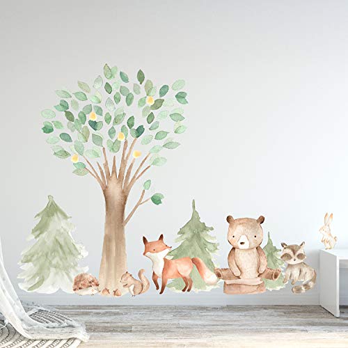 InnovativeStencils Woodland Watercolor Wall Decal Oak Pine Tree Animal Creatures - Bear, Fox, Raccoon, Rabbit, Squirrel, Porcupine Fabric Nursery Decals #3061 (72