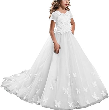 DBbeautyshop Girls' Appliques Lace Flower Girl Dress Short Sleeves Pageant Gown 8 White