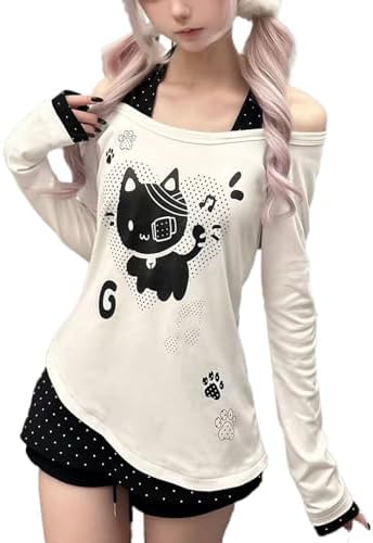 GOTHPICKUS Women Y2K Off Shoulder Strap T-Shirts Cute Graphic