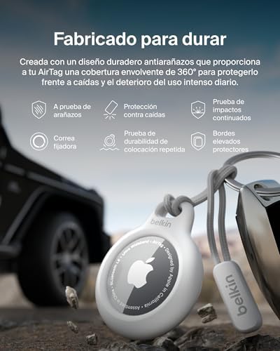 Funda AirTag con Correa, Llavero AirTag Resistente a los Arañazos, Banda para Aro de Llavero, Frontal Abierto y Bordes Elevados, Cubierta, Localizador de Llaves, Mascotas y Maletas, Blanco