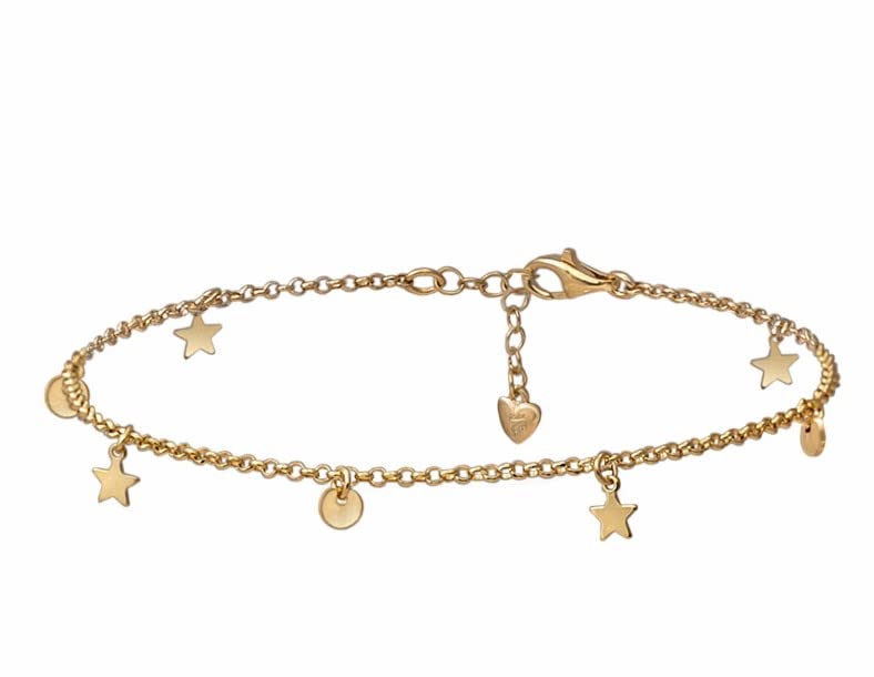 Turmalina by martina Jewellery Brand 925 Sterling Silver Gold Tourmaline Anklet with Stars and Circles Charms Size 23cm Length and 3cm Extender, Silver
