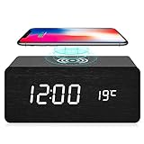 fomobest Wooden Alarm Clock with Wireless Charging for iPhone Samsung, Wood Digital LED Desk Clock for Bedroom, 3 Alarm Settings, Sound Control, Adjustable Brightness, Time Temperature (Black)
