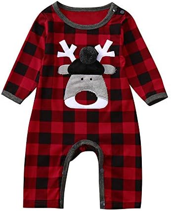 Infant Baby Christmas Jumpsuit Set Long Sleeves Plaid Deer Romper+Hats Bodysuit Set Newborn Girl Boy Clothes Set (age:12-18month, Red)