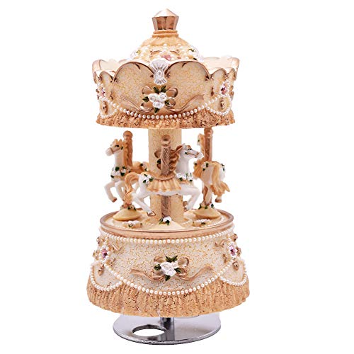 YouTang Clockwork Mechanism 3-Horse Carousel Music Box Melody Carrying You from Castle in The Sky(Laputa)(Yellow)