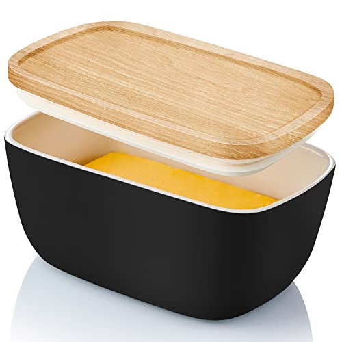 ALELION Ceramic Butter Container with Airtight Wooden Lid - Black Butter Keeper Crock for Countertop - Holds Up To 3 Sticks