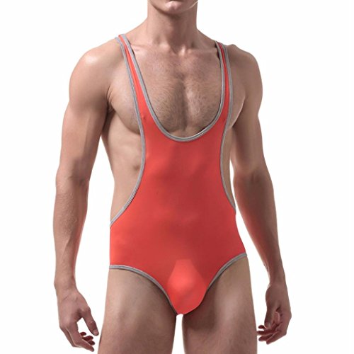 Hometom Men's Jockstrap Leotard Underwear Jumpsuits Wrestling Singlet Bodysuit (Orange, L)